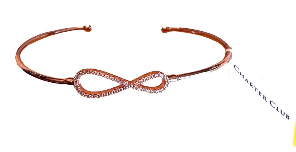 Charter Club Cuff Bracelet Rose Gold 7” Adj. Infinity Pave Rhinestone Macy's New